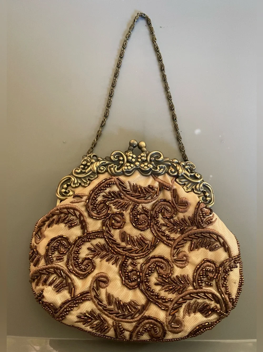 Ornate Beaded Satin Bronze & Cream Evening Clutch Metallic Frame Chain Strap